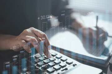 analysis, finance, investment, chart, market, profit, data, Hand using calculator with financial charts overlay, representing data analysis, accounting, investment evaluation, and business growth.