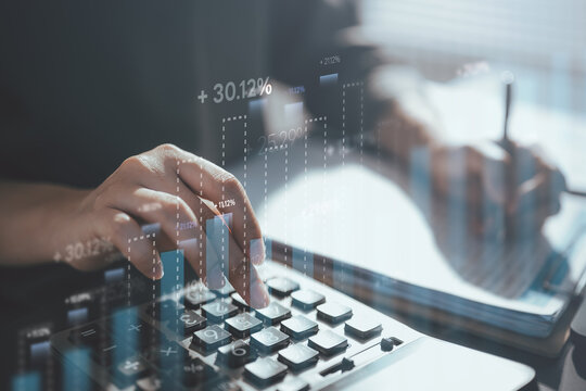 analysis, finance, investment, chart, market, profit, data, Hand using calculator with financial charts overlay, representing data analysis, accounting, investment evaluation, and business growth.