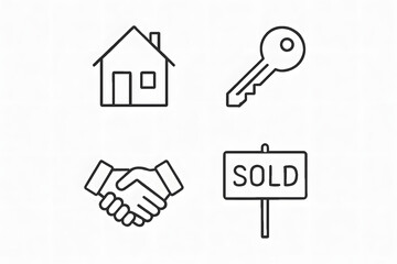 Real Estate Elements: Capturing the essence of property transactions, this collection of line art symbols encapsulates key elements: a house, a key, a handshake, and a sold sign.