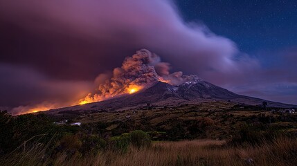 seismic. Long-dormant volcano eruption with time symbolism showing centuries of silence broken in geological awakening, ESG reports.