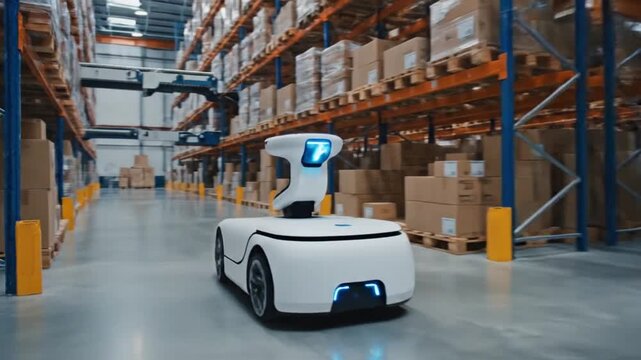 Futuristic autonomous robot operating in a modern logistics warehouse, a key component of an automated supply chain and distribution infrastructure - Powered by Adobe