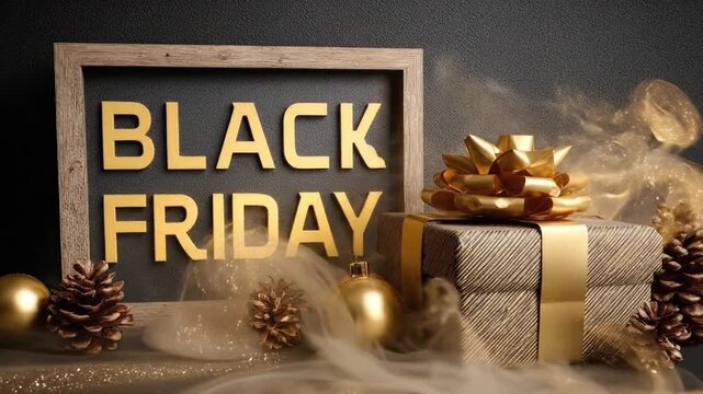 A wooden frame with golden BLACK FRIDAY text next to a wrapped gift pinecones and ornaments on a dark textured background