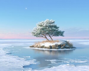 A Tranquil Winter Scene: Single Decorated Pine Tree on a Calm Frozen Lake Island