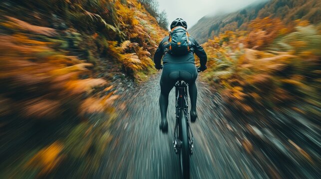 Cyclist riding fast on mountain path in autumn