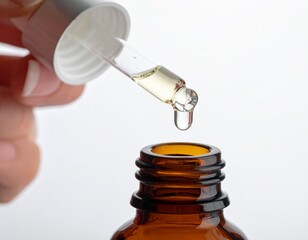 Hand holding a serum dropper releasing a single clear liquid drop into an amber glass bottle, focus on skincare application.