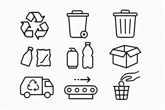 Recycling Icons: A collection of concise line art symbols representing the essential elements of the recycling process, showcasing eco-conscious practices.