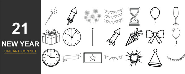 New year's eve celebration festive party elements line art set