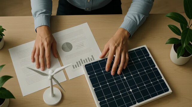 Renewable Energy Sector Engineering Work Analyzing Data, Utilizing Solar Panels and Wind Turbines for Sustainable Power Solutions