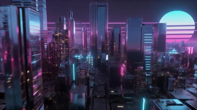 ネオン煌めくレトロフューチャー都市の未来風景
