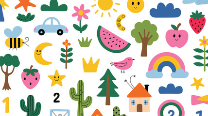 seamless cartoon pattern with houses trees and flowers