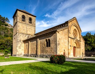 Ancient stone church with tower, rose window, and green lawn under blue sky