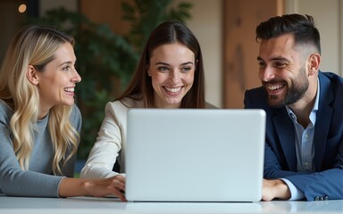 Fototapeta premium Cheerful business colleagues watching a presentation on a laptop. High quality