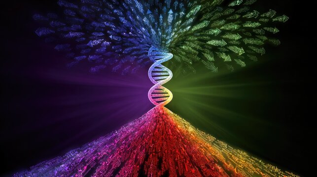 divergent. A double-helix rainbow diverging into paths, illustrating personalized healthcare solutions. STEM education sheets.