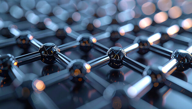 Molecular Nexus: A close-up reveals a network of metallic nodes and rods, interweaving a complex structure within a futuristic environment, showcasing innovation and advancement.