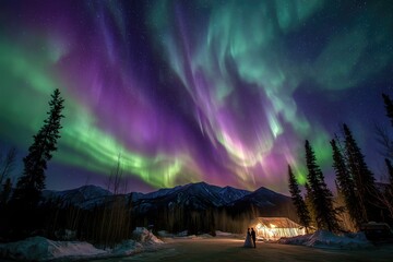 Colorful Northern Lights Aurora Borealis Sky Night Iceland Mountain Mountains Camping Glamping Romantic Winter Night Desktop Wallpaper Illustration Background Image