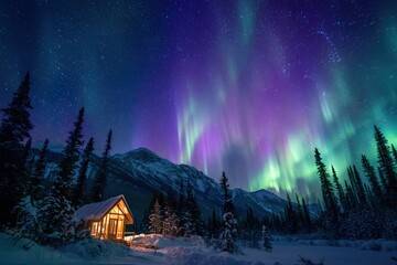 Colorful Northern Lights Aurora Borealis Sky Night Iceland Mountain Mountains Camping Glamping Romantic Winter Night Desktop Wallpaper Illustration Background Image