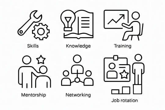 Work Skills Icons: a diverse set of line art icons, each representing a key aspect of career advancement and professional development, ideal for illustrating learning, training, or career guidance