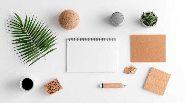 A clean and organized desk setup with natural elements and office supplies arranged on a white surface. - Powered by Adobe