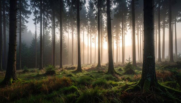 A misty forest scene featuring tall, straight trees illuminated by soft sunlight. Lush green ground cover