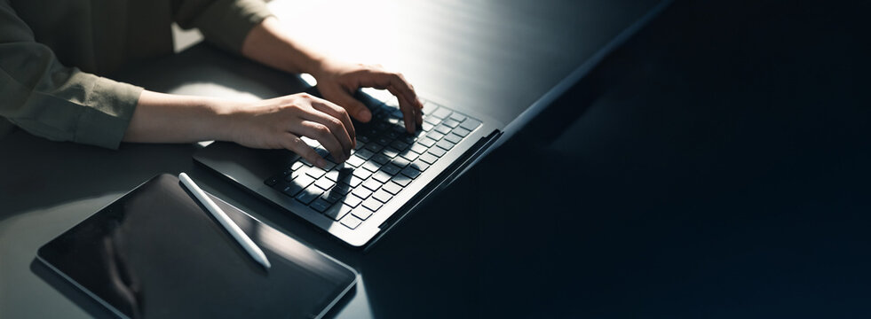 laptop, typing, productivity, business, software, Hands typing on a laptop in a modern workspace, representing productivity, digital work, office technology, and professional workflow.