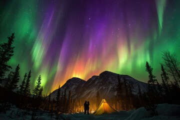 Colorful Northern Lights Aurora Borealis Sky Night Iceland Mountain Mountains Camping Glamping Romantic Winter Night Desktop Wallpaper Illustration Background Image