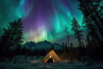 Colorful Northern Lights Aurora Borealis Sky Night Iceland Mountain Mountains Camping Glamping Romantic Winter Night Desktop Wallpaper Illustration Background Image