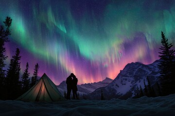 Colorful Northern Lights Aurora Borealis Sky Night Iceland Mountain Mountains Camping Glamping Romantic Winter Night Desktop Wallpaper Illustration Background Image