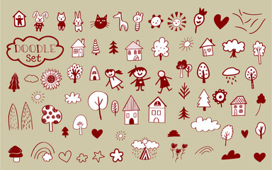 Cute kids hand drawn doodle icon set,Clear,Simple,House,Animal,Tree,Artistic style and uses popular aesthetic words (kawaii, quirky) to appeal to specific searches.