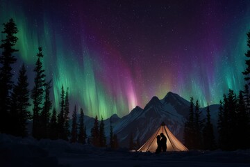 Colorful Northern Lights Aurora Borealis Sky Night Iceland Mountain Mountains Camping Glamping Romantic Winter Night Desktop Wallpaper Illustration Background Image