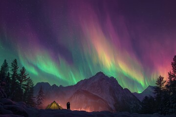 Colorful Northern Lights Aurora Borealis Sky Night Iceland Mountain Mountains Camping Glamping Romantic Winter Night Desktop Wallpaper Illustration Background Image