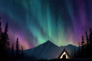 Colorful Northern Lights Aurora Borealis Sky Night Iceland Mountain Mountains Camping Glamping Romantic Winter Night Desktop Wallpaper Illustration Background Image