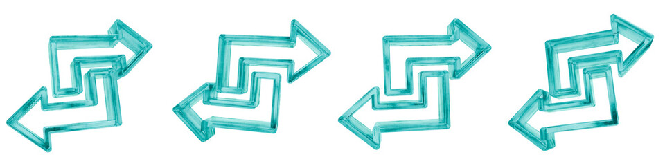 Set of four 3D change arrow outline shapes in frosted blue ice glass style, isolated on a transparent background. Glassmorphism icons and 3D elements for modern graphic design.