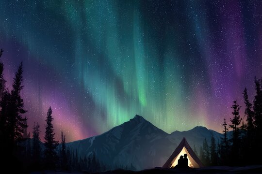 Colorful Northern Lights Aurora Borealis Sky Night Iceland Mountain Mountains Camping Glamping Romantic Winter Night Desktop Wallpaper Illustration Background Image
