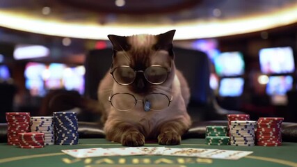 Siamese Cat Wearing Glasses Playing Poker at a Casino Table with Chips and Cards.