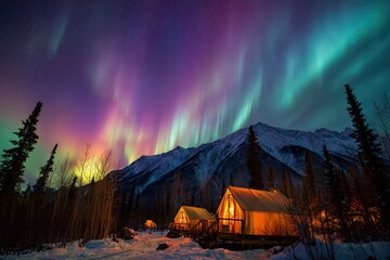 Colorful Northern Lights Aurora Borealis Sky Night Iceland Mountain Mountains Camping Glamping Romantic Winter Night Desktop Wallpaper Illustration Background Image