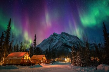 Colorful Northern Lights Aurora Borealis Sky Night Iceland Mountain Mountains Camping Glamping Romantic Winter Night Desktop Wallpaper Illustration Background Image