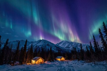 Colorful Northern Lights Aurora Borealis Sky Night Iceland Mountain Mountains Camping Glamping Romantic Winter Night Desktop Wallpaper Illustration Background Image