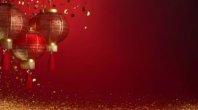 Chinese New Year background with red lanterns, gold confetti, and festive greeting card design.