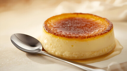 A Culinary Delight: Close-Up of a Perfectly Caramelized Cr&egrave;me br&ucirc;l&eacute;e, a Classic Dessert, with a Gleaming Spoon