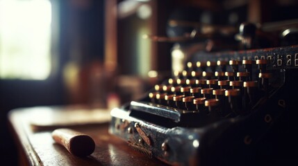 platen. A vintage typewriter with a stuck space bar on a wooden desk by window light. product launch decks, UI/UX mockups, designed for data visualization dashboards and holographic UIs.