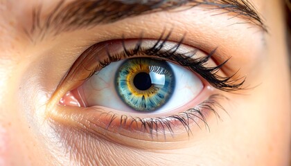 Close-up of a human eye showcasing intricate details of the iris, lashes, and surrounding skin in a natural, bright light