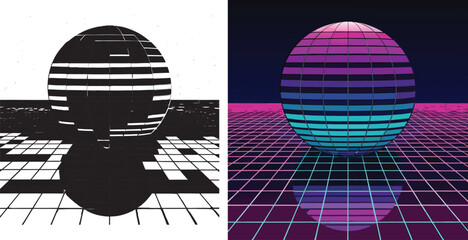 Vibrant retro grid landscape with glowing sphere and neon reflections evokes futuristic digital dreams and nostalgic synthwave vibes