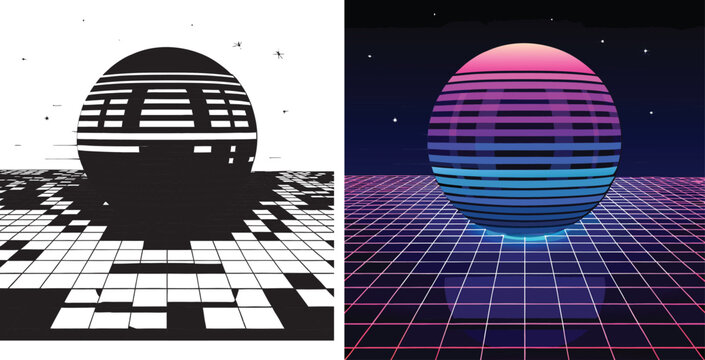 Vibrant retro-futuristic grid landscape with glowing sphere evoking 80s synthwave and digital dreams for modern design projects