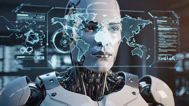 Futuristic AI Humanoid Robot Processing Dynamic Holographic Data Interface