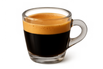 Espresso coffee with crema in a glass cup, black beverage for energy and morning refreshing concept