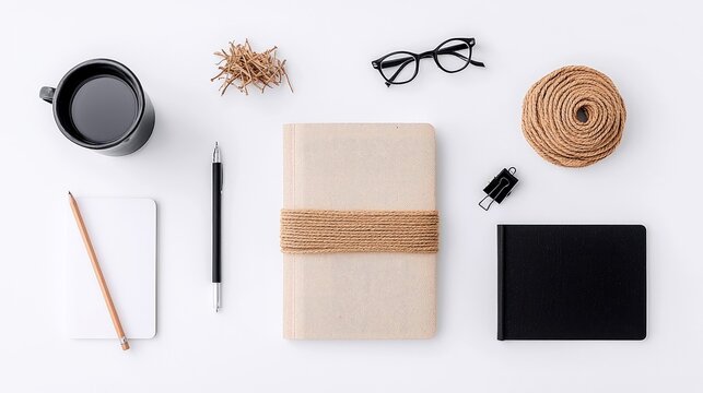 A collection of office and desk supplies arranged neatly on a white surface, including a notebook, pen, pencil, glasses, coffee mug, twine, and binder clip. - Powered by Adobe