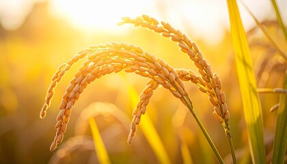 Close-Up of Golden Rice Ears in Sunshine
