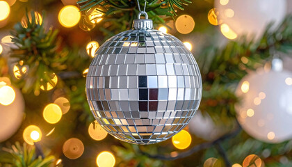 Shiny silver disco ball ornament on Christmas tree with bokeh background