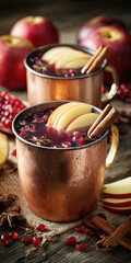 Apple Pomegranate Hot Mulled Wine in a Copper Mug,