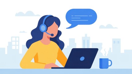 Virtual Assistance at Work: An illustration depicting a customer service representative providing support, working on laptop computer while connected to headset, offering a warm and helpful service.